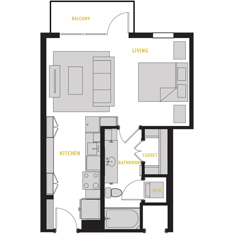 Floor plan for studio, 1 bath, 582 sqft